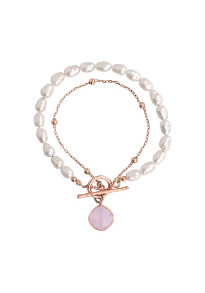 Pembe Taşlı Rose Altın Kaplama İncili Dolamalı Gümüş Bileklik Gümüş - Rose Gold