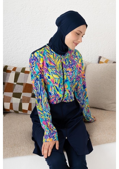 Rozamay 263401rowan Paraşüt Lycra Uzun Kollu Lacivert Dijital Desen Tesettür Mayo