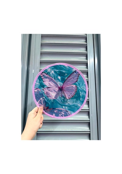Desenli Katlanabilir Yuvarlak Yazlık Taşınabilir El Yelpazesi Pembe Kelebek 25cm