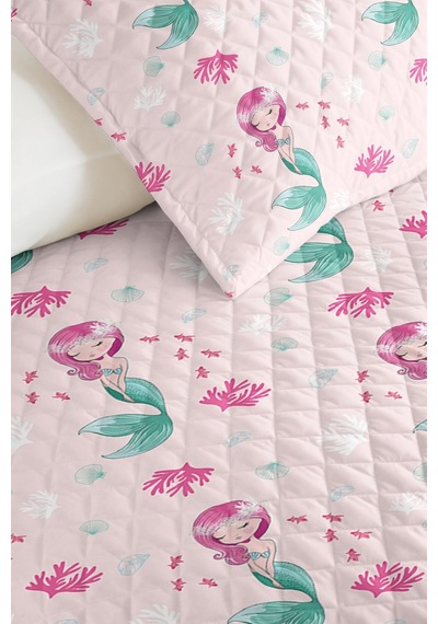 Evimde Bambaşka Deniz Kızı Pembe Kız Çocuk Pike Takımı - Pastel Mint Mercan Bebek Odası Yatak Örtüsü - 160x220 CM Evimde Bambaşka Deniz Kızı Pembe Kız Çocuk Pike Takımı - Pastel Mint Mercan Bebek Odası Yatak Örtüsü - 160x220 CM