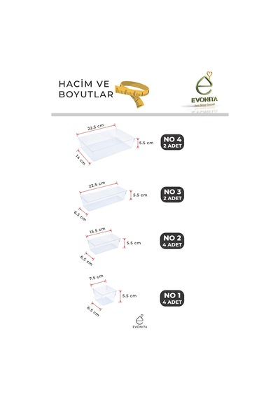 Kristal 12 Parça Çekmece Düzenleyici Set - Şeffaf Organizer Makyaj Takı Kalem Kutusu Renkli