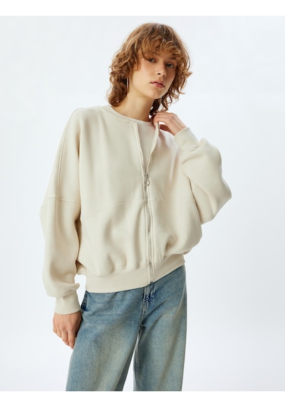 Koton Oversize Fermuarlı Sweatshirt Dikiş Detaylı Bisiklet Yaka Bej 5wal10014ık Ekru