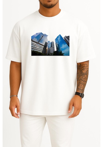 Bahriyeli Collection Oversize Hong Kong Mimarlık Binası Göğüs Tasarımlı Unisex T-shirt Beyaz