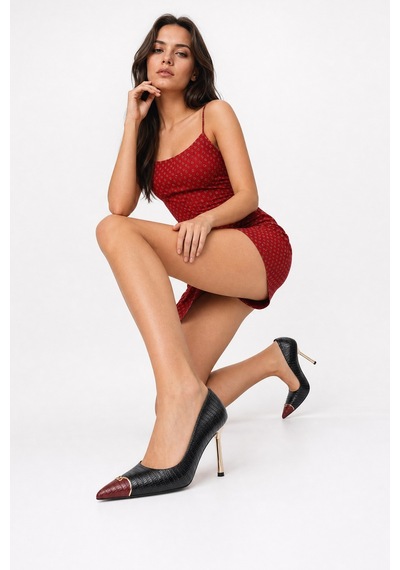 Luvi Shoes Jımena Siyah Kırmızı Desenli Sivri Burunlu Kadın İnce Topuklu Ayakkabı