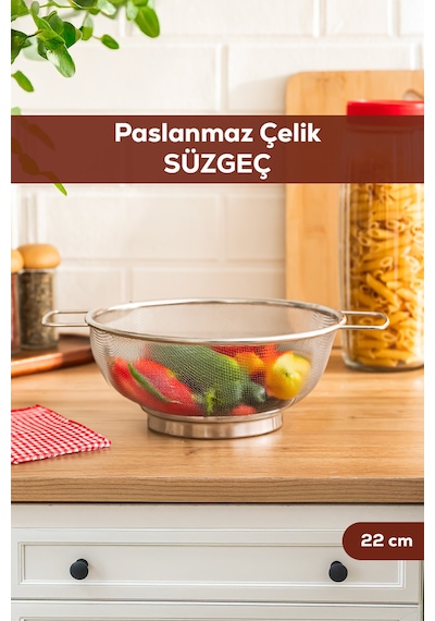 Porsima İvory Kulplu Paslanmaz Çelik Süzgeç Mutfak Eleği Meyve Ve Sebze Yıkama Aparatı Kevgir 22cm Paslanmaz Çelik