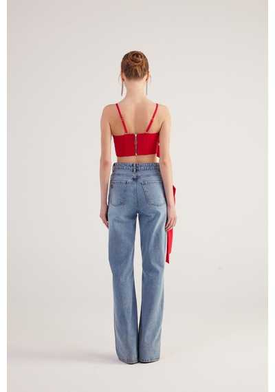 Holly Lolly Yüksek Bel Kurdele Detaylı Wide Leg Kyla Jean Pantolon Mavi