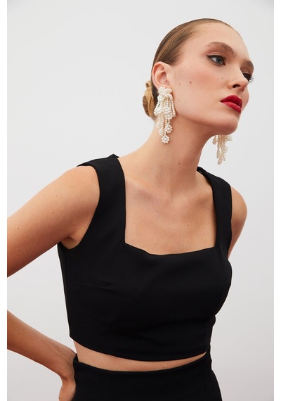 Sateen Kare Yaka Crop Bluz - Siyah-134915 Siyah