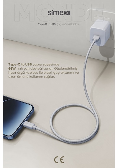 Simex 66w Usb To Type-c Süper Hızlı Şarj Kablosu - Samsung, Huawei, Honor, Vivo, Uyumlu Gri, 1 Metre