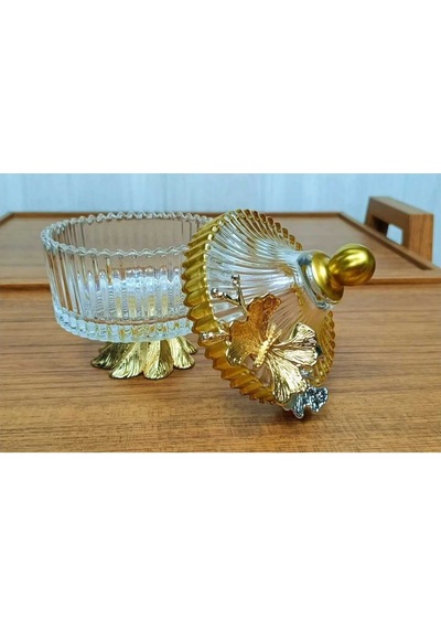 Çnr Home Collection Gold Metal Ayakli Kapakli Kelebekli - Şekerli - Sunumluk - Çerezlik Gold