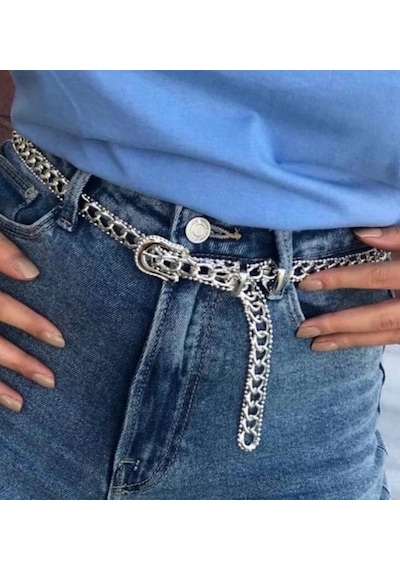 Eligequeen Kadın Zincir Desen Abiye Veya Günlük 100cm Gümüş Renk Kemer Gümüş