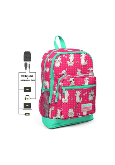 Coral High Kids Neon Mercan Alpaka Desenli Usb Şarjlı Kulaklık Çıkışlı Okul Sırt Çantası