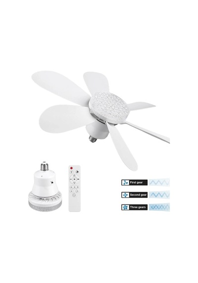 2in1 Tavan Vantilatör - Avize Lamba Kumandalı 52cm Sinek Kovucu 6-beyaz Plastik Kanat 3-kademe Hız Beyaz-sarı-doğal