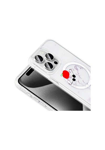 Techaks Apple Uyumlu iPhone 15 Pro Max Kılıf M-safe Şarj Özellikli Şeffaf Zore Folk Sert Kapak - Çilek Beyaz