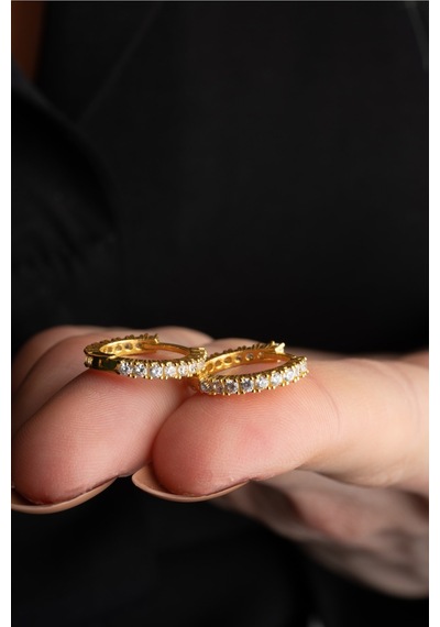 Nereze 925 Ayar Gümüş Gold Kaplama 15 Mm Zirkon Taşlı Tamtur Küpe