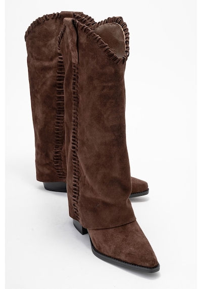 Luvishoes Velın Kahverengi Süet Hakiki Deri Dikişli Kadın Western Çizme Kahverengi