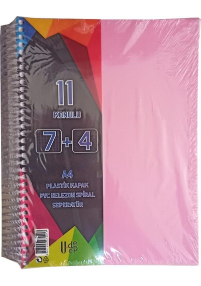 7+4 Ayraçlı Defter 11 Konulu 225 Yaprak 1 Adet 7 Kareli 4 Çizgili Spralli Plastik Kapak Seperatörlü Pembe