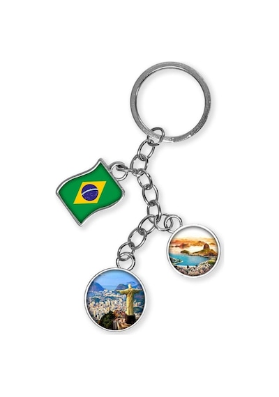Brezilya Üçlü Epoksi Metal Çift Taraflı Damla Anahtarlık Brazil Gümüş