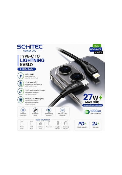 Schitec Type-c To Lightning 27w Pd Hızlı Şarj Ve Data Kablosu 1metre Siyah Hg/c-09cl
