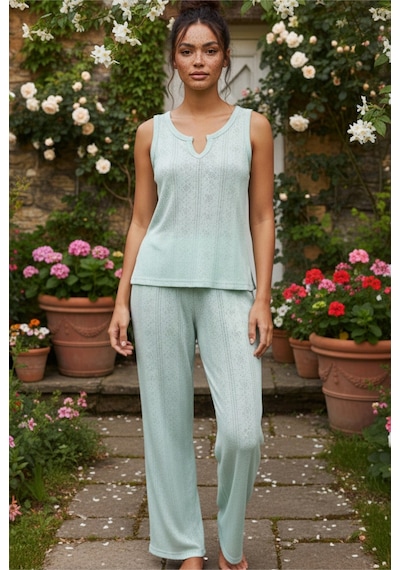 Siyah İnci Pointel Ajurlu/delikli Kolsuz Örme Pijama Takım26120566 Mint