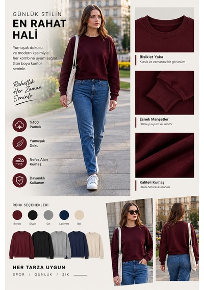 Luxıc Core Kadın Crop Bisiklet Yaka Sweatshirt Pamuklu Yumuşak Dokulu Günlük Spor Sweatshirt Bordo