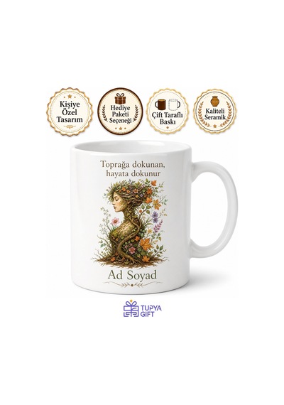 Toprak Ana Temalı Baskılı Kupa Bardak Hediye Doğa Sevgisi Özel Tasarım Beyaz / Çok Renkli