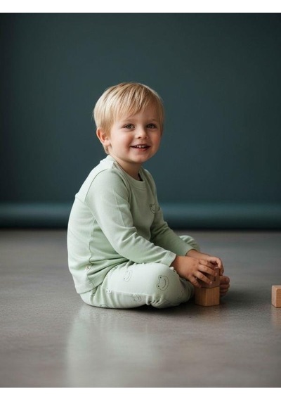 Zekids Erkek Çocuk Organik Pijama Takımı-16604 Yeşil