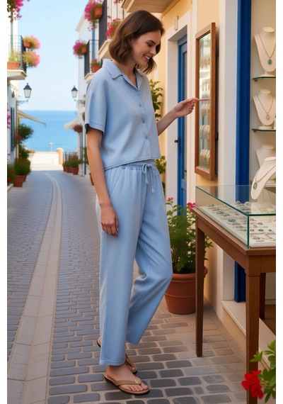 Benerly Kadın Büyük Beden Kısa Kollu Gömlek Yaka Denim Takım %100 Liyosel Mavi