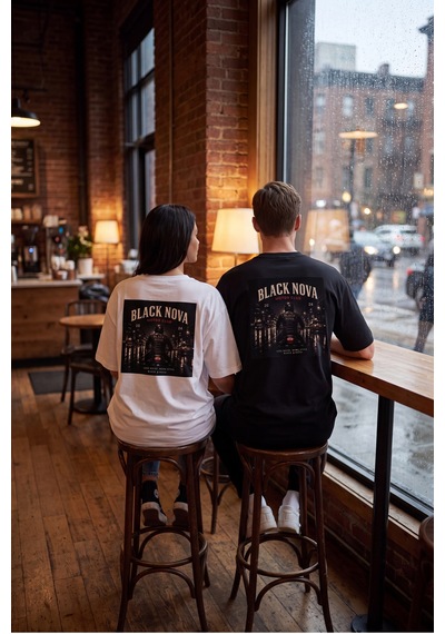 Black Nova Oversize Baskılı Unisex Tişört Lone Rider With Text Beyaz