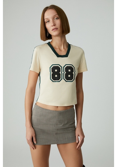 Ethıquet YEIDY Kadın Slim Baskılı Kısa Kol Asimetrik Yaka Bej T-Shirt