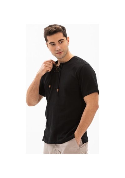 Büyük Beden Kısa Kol Şile Bezi Zımbalı Erkek Tshirt Siyah 3003