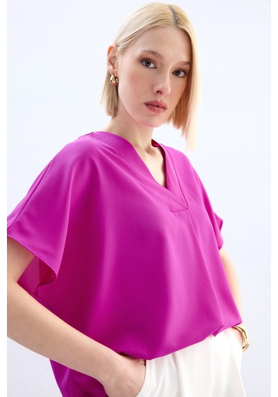 Sateen Geniş Kısa Kollu Bluz - Fuşya-136762 Fuşya