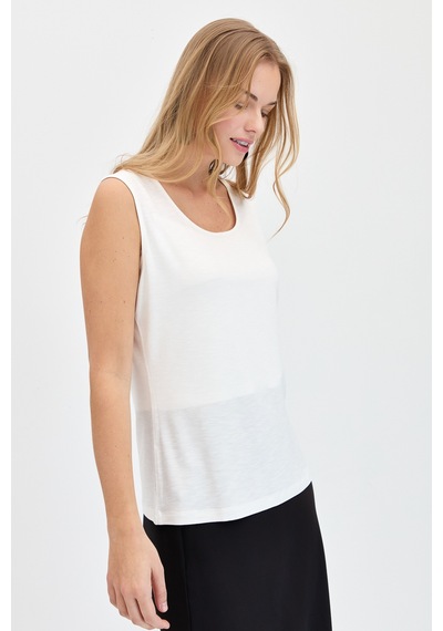 Kadın Sıfır Yaka Flamlı Kumaş Basic Askılı Tshirt Ekru Ekru