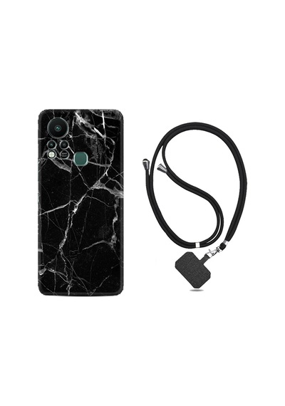 Infinix Hot 11S Kılıf İpli Boyun Askılı Desenli Silikon Fragile Black Mermer 1378
