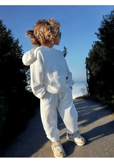 Lolliboomkids Yeni Sezon Petek /waffle Kumaş Oversize Kapüşonlu Alt Üst Eşofman Takımı Beyaz Renk