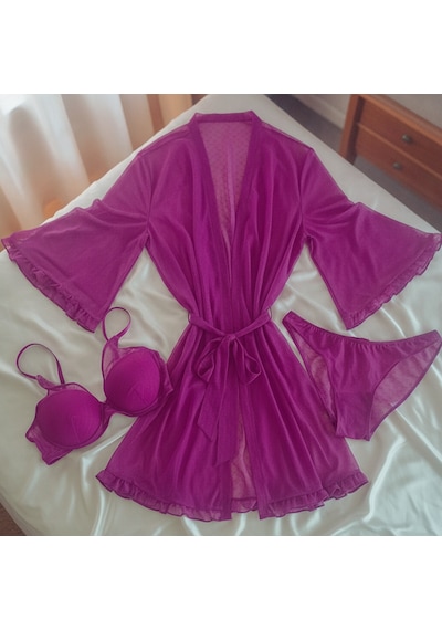 Bonbon Kadın Çeyizlik Ve Bohçalık Tül Transparan Mor Renk Sütyen, Slip Ve Sabahlık 3 Lü Paket Bb2685 Bonbon Kadın Çeyizlik Ve Bohçalık Tül Transparan Mor Renk Sütyen, Slip Ve Sabahlık 3 Lü Paket Bb2685