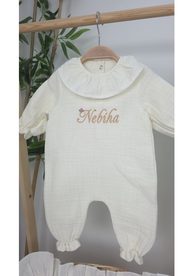 Gros Shop Müslin Yeni Doğan 4katlı Organik %100pamuk Kişiye Özgü Nakışlı Hastane Çıkış Seti Dallı Papatya Ekru