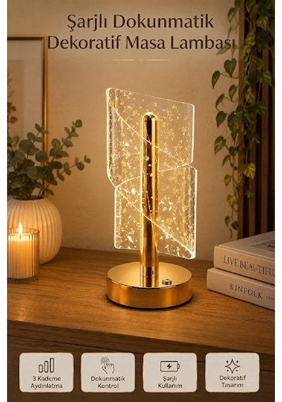 Gold Masa Lambası Spiral Efektli Şarjlı Led Masa Lambası Akrilik Kristal Görünümlü Dekoratif Gece L
