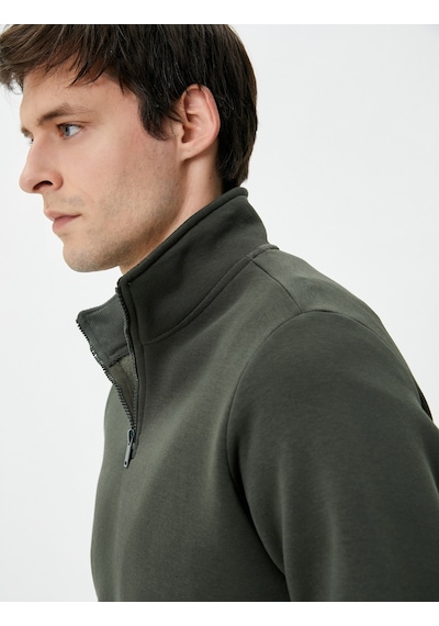 Koton Yarım Fermuarlı Sweatshirt Basic Dik Yaka Ribanalı Uzun Kollu Haki 4sam70002mk Haki