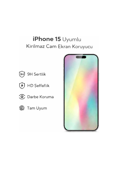 Apple Apple iPhone 15 Uyumlu Kırılmaz Cam Ekran Koruyucu 9h Temperli Cam Hd Şeffaf