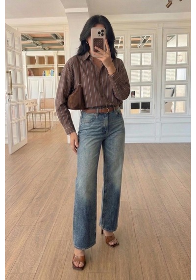 Lijuri Çizgili Oversize Kesim Gömlek 3505 Kahverengi