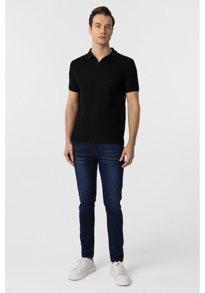 Süvari Regular Waffle Kumaş V Patlı Polo Yaka Nefes Alabilen T-shirt Siyah