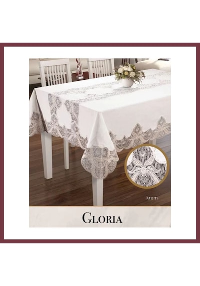Storeşahin Gloria Model Krem Keten 160x300 Cm Dantelli Tek Masa Örtüsü Şık Yemek Masası Shn0720