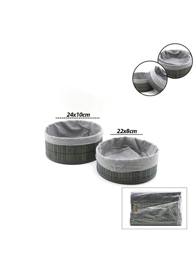 Gri 2 Boy Yuvarlak Bambu Kenar Organizer Sepet Ahşap Altlık - Bezli Çap 22x24cm Çok Renkli