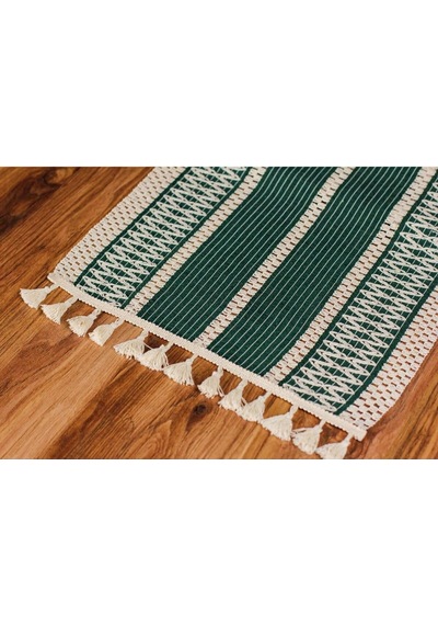 Tropik Home Pamuk Dantel Püsküllü Yeşil Runner, Sunum Örtüsü Dantel Bej 35x145 Cm Runner Masa Örtüsü Genel