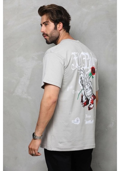 Erkek Kısa Kol Yazlık Tişört Bisiklet Yaka Baskılı Oversize T-shirt - Gri
