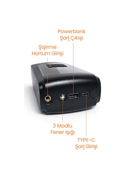 150psi Şarjlı Araç Oto Kompresörü Powerbank Led Işıklı Lastik Top Yatay Şişirme Pompası 6000mah 9624