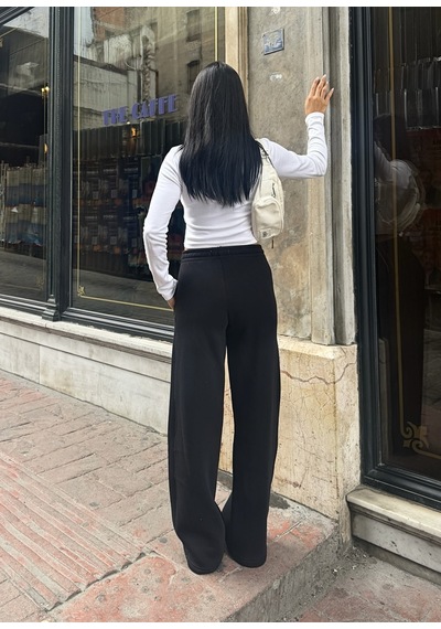 Out Of Standart Kadın Wide-leg Kalıp Beli Lastikli Kordon Detaylı Eşofman Altı Siyah