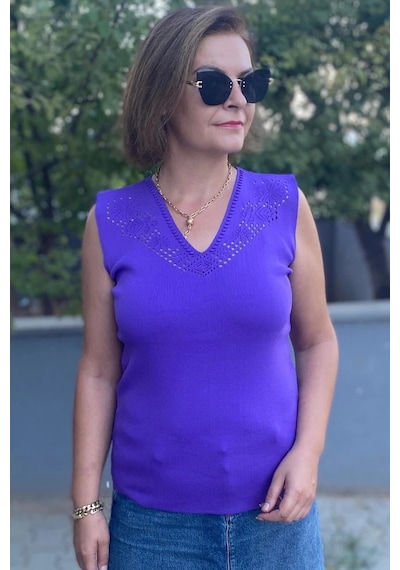 Mia Butik Kadın Lina Mor Merserize Kolsuz Bluz Mor