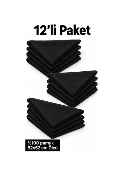 Herşeynota 12 Li Siyah Düz Fular Seti %100 Pamuk 52x52 Cm Günlük Kullanım Etkinlik Aksesuarı Çok Renkli