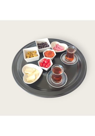 Metal Sini Tepsi Kahvaltı Çay Kahve Sunum Tepsisi 50 Cm Yuvarlak Siyah